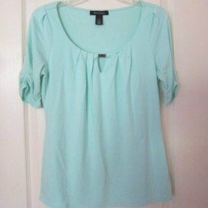 WHBM Elbow Gathered Sleeve Pleated Neck Hardware Mint Green Tee Blouse